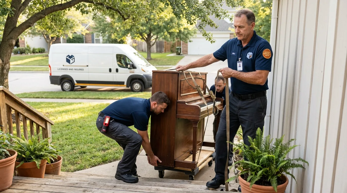 Licensed piano movers securing grand piano in Windsor, IL